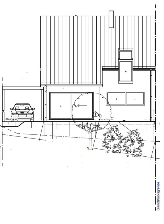 Moderne Haus-Skizze mit Garage links, großer Glasfront, Fenster und Baum im Vorgarten.