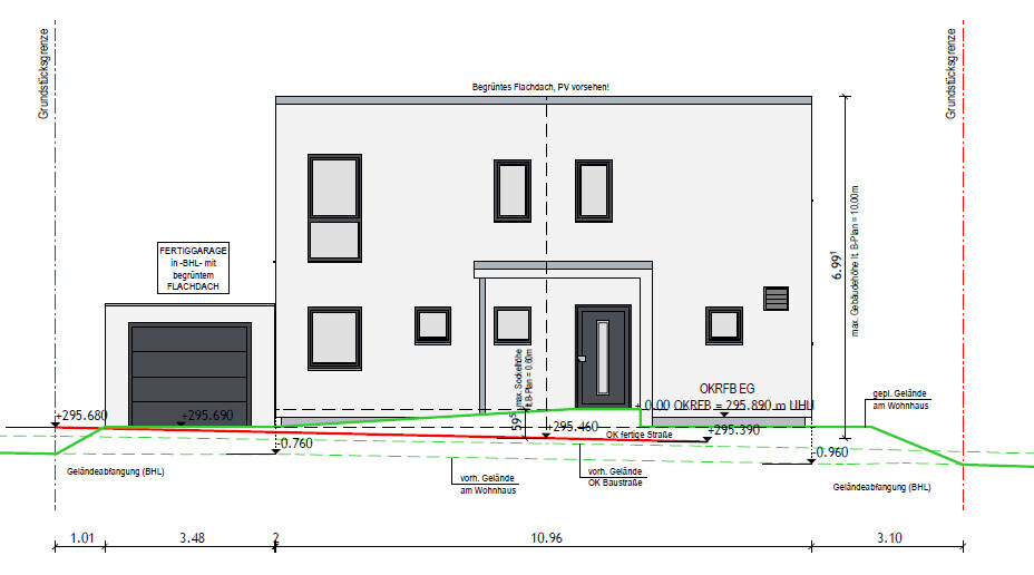 Architektonische Frontansicht eines modernen Hauses mit Garage, Eingangstür und Fenstern.
