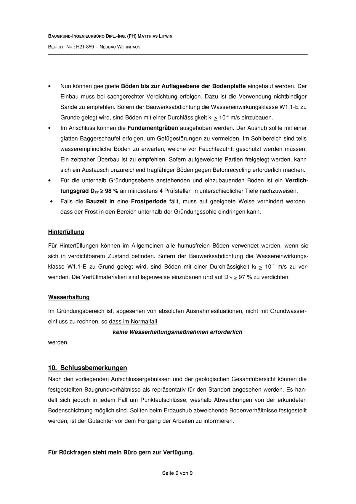 Seite 9 eines Baugrundberichts mit Stichpunkten zu Boden und Verdichtungsgrad