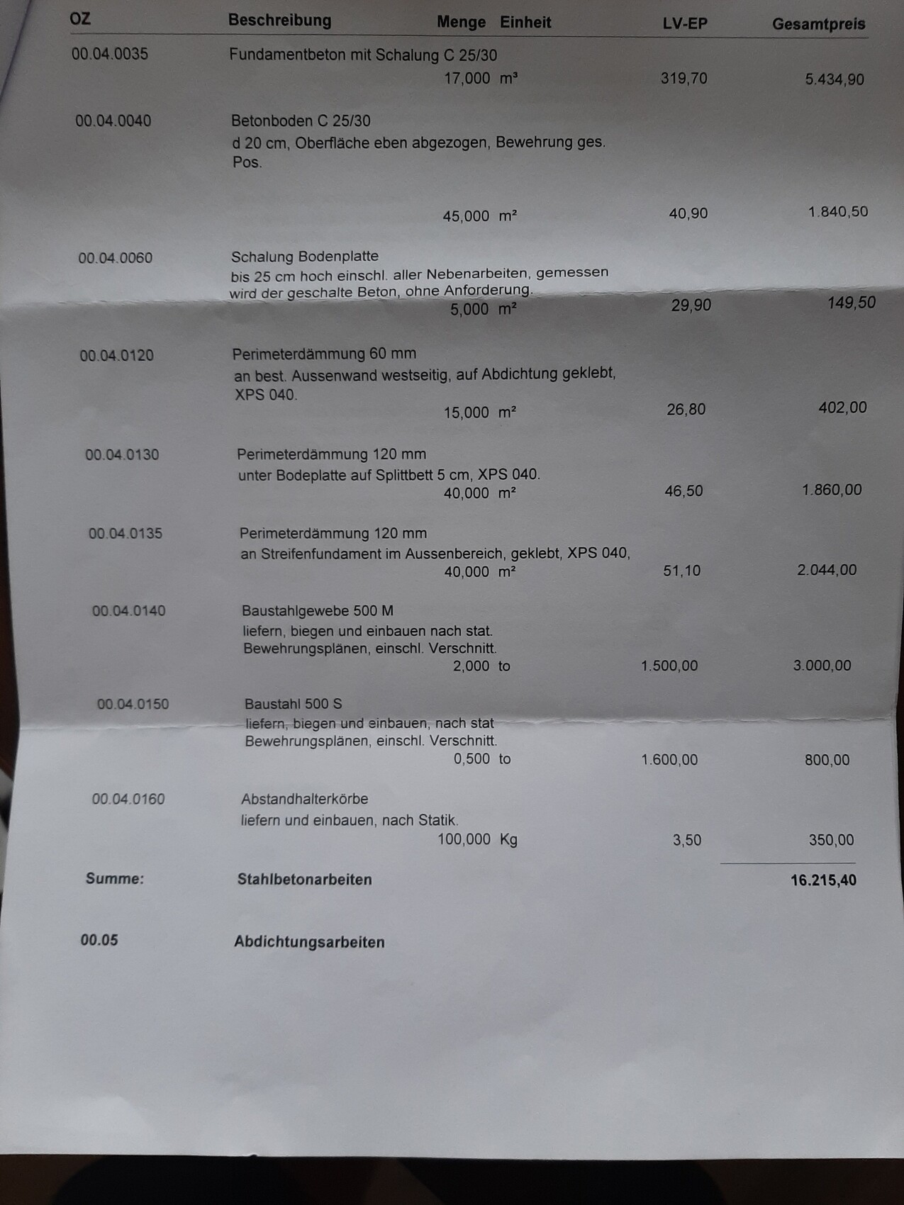 Preisübersicht von Bauleistungen: Mengentabelle, Einheiten, Preise und Gesamtbetrag.