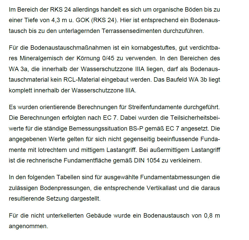 Technischer Text auf Deutsch über Bodenaustausch und Fundamente gemäß RKS 24