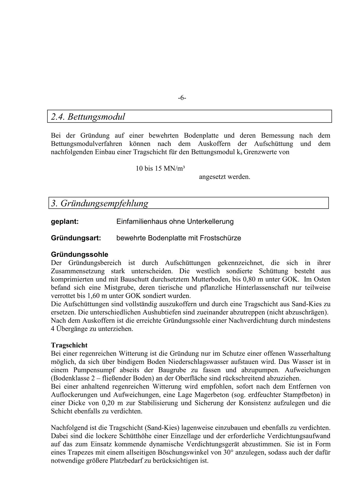 Dokumentseite mit Überschriften 2.4 Bettungsmodul und 3. Gründungsempfehlung, Fließtext.