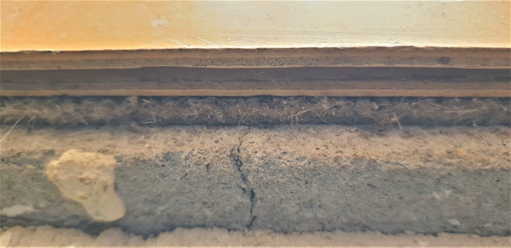 Nahaufnahme eines staubigen Holzbretts mit Spinnweben über einer rissigen Betonbodenfläche.