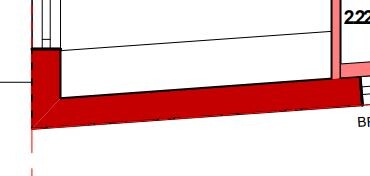 Architekturzeichnung eines Fundamentbereichs mit roter Bodenplatte und Wandabschnitt