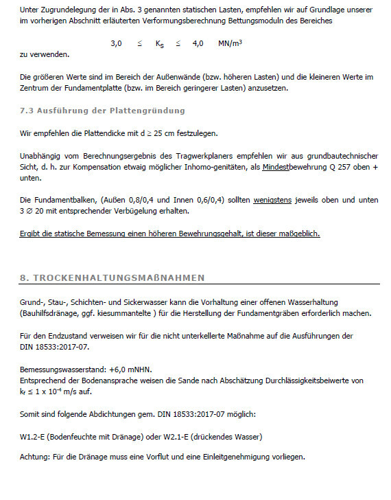 Technischer Abschnitt über Plattengründung und Trockenhaltungsmaßnahmen im Fundamentbau.