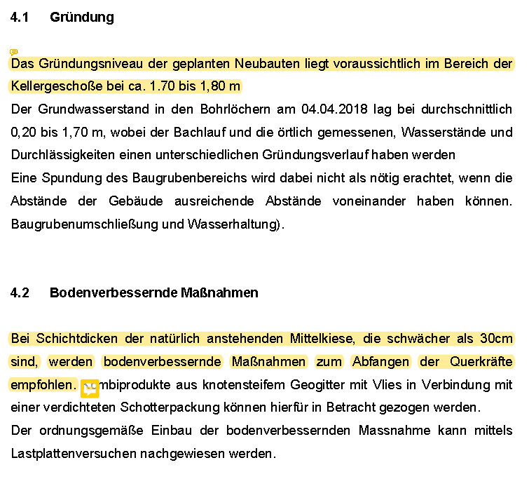 Dokumentenseite mit Abschnitt 4.1 Gründung und 4.2 bodenverbessernde Maßnahmen für geplante Neubauten.