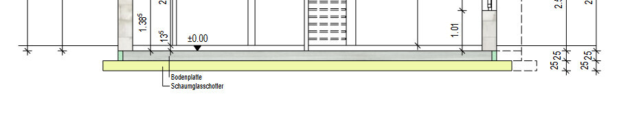Technische Zeichnung eines Fundamentbereichs mit Bodenplatte, Daemmung und Schaumglas.