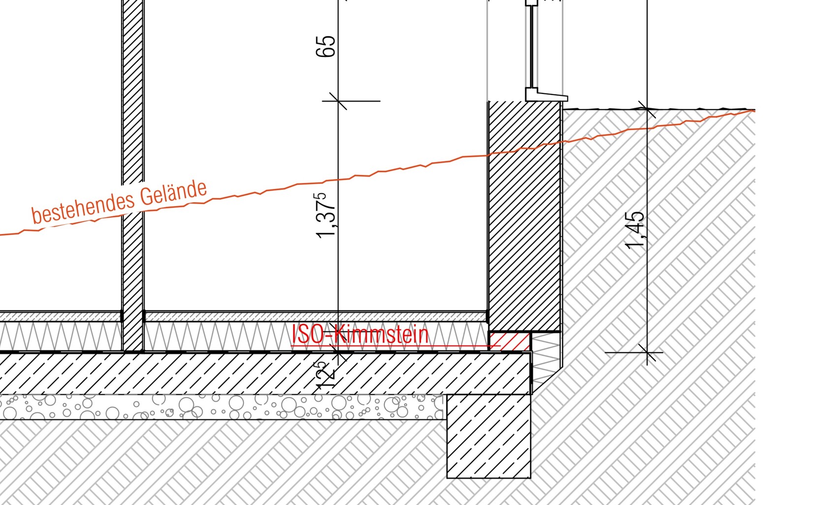 Querschnitt eines Bodenaufbaus: bestehendes Gelände, Fundament, ISO-Kimstein und Wandanschluss.