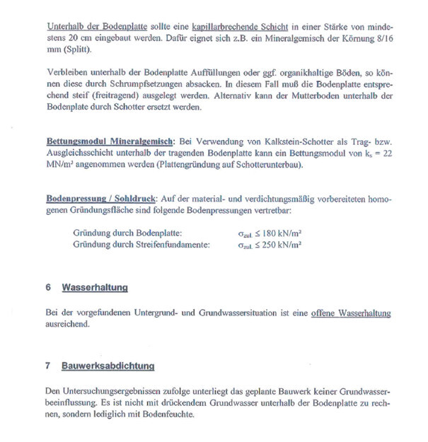 Dokumentenseite mit Text zu Bodenplatte, Unterbau und Abdichtung im Bauwesen