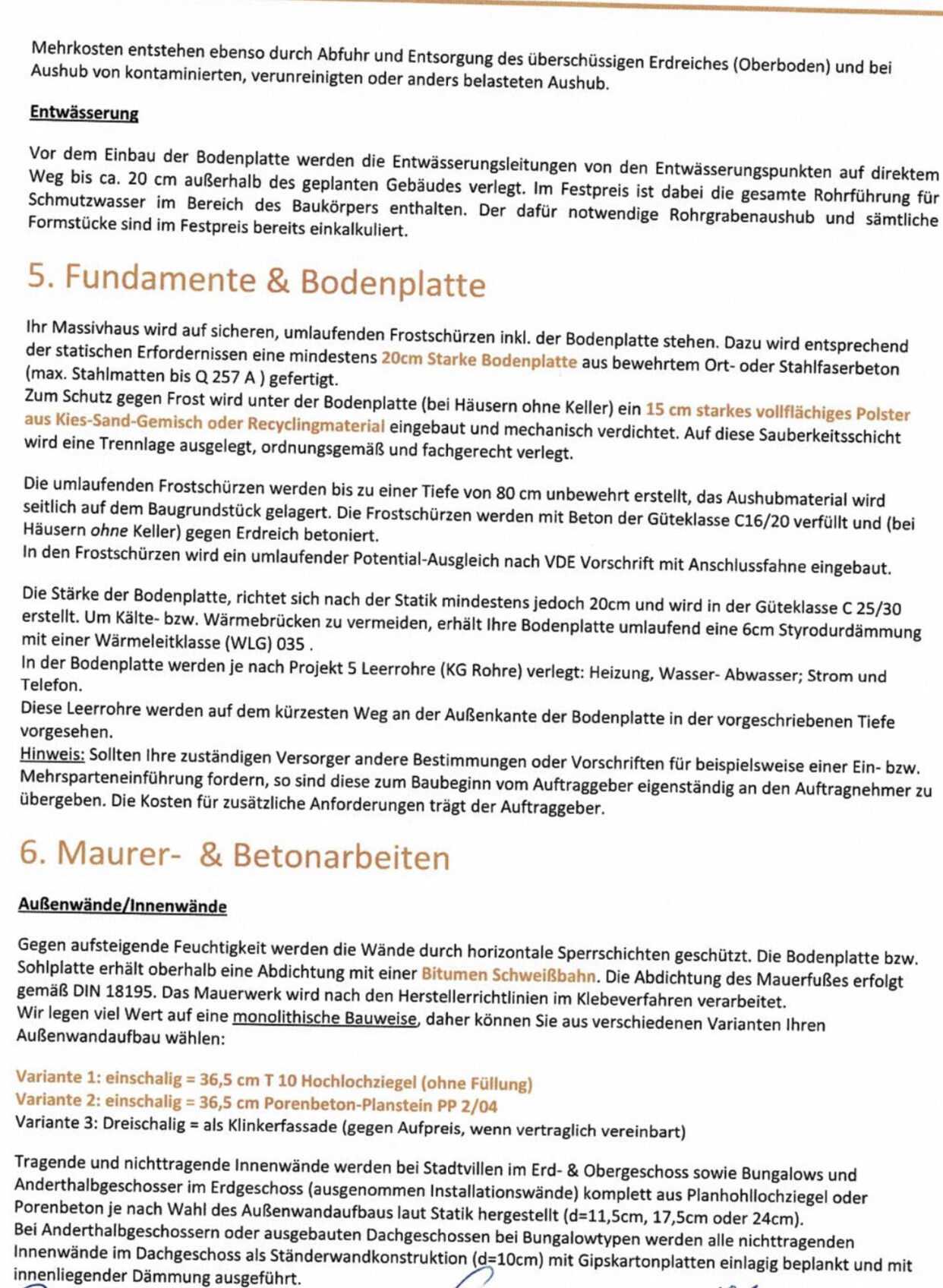 Dokumentenseite mit Bauabschnitt 5 Fundamente & Bodenplatte und 6 Maurer- & Betonarbeiten