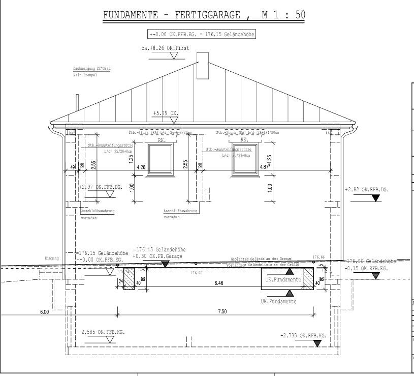 Technischer Bauplan einer Fertiggarage: Fundament, Dach, Fenster, Maße.