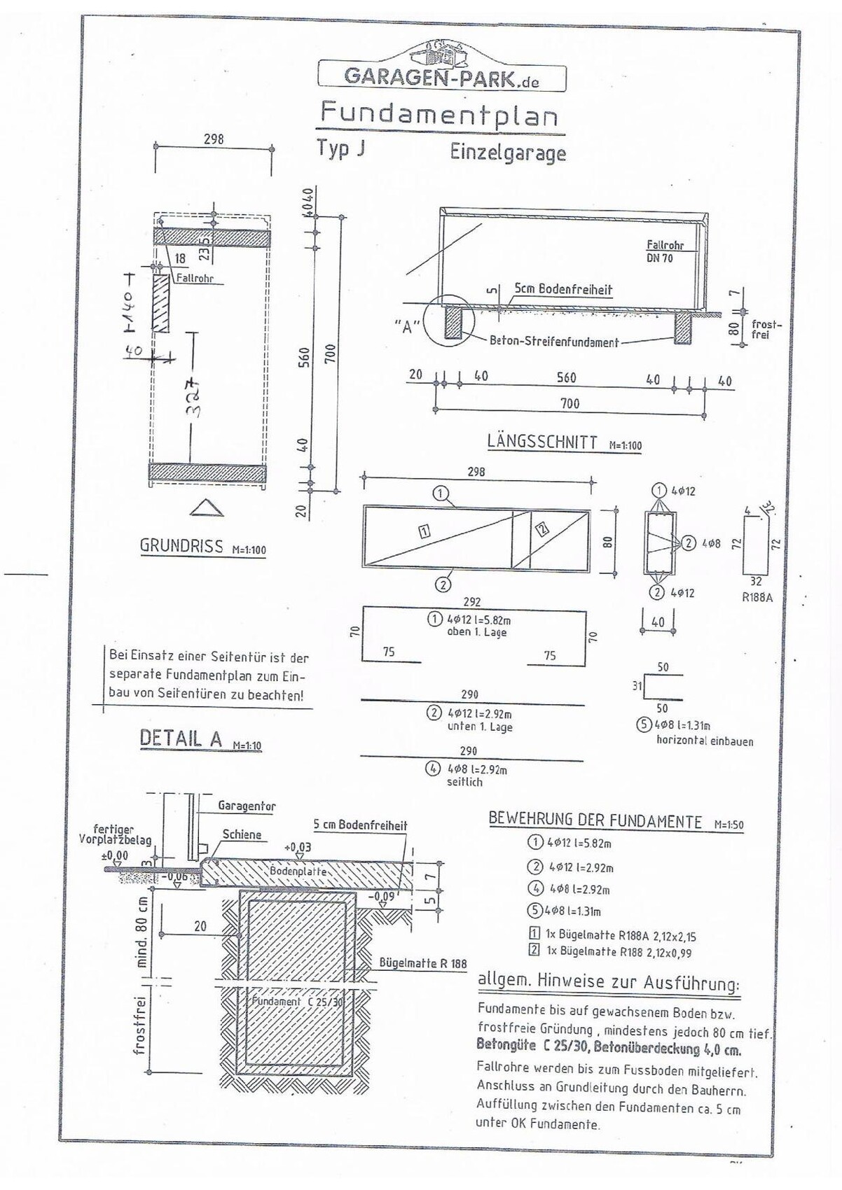 Fundamentplan Typ J für eine Einzelgarage mit Grundriss, Längsschnitt und Detailzeichnungen.