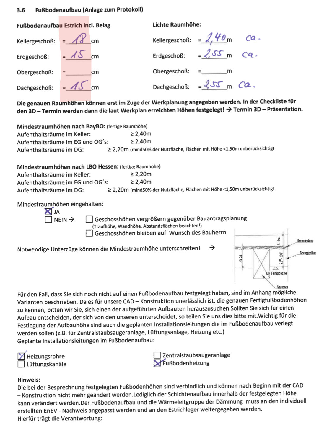 Dokumentenseite zum Fußbodenaufbau mit Höhenangaben, Checklisten und Skizze.