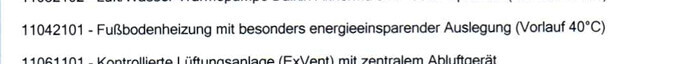 Liste von Produktcodes mit Beschreibung: Fußbodenheizung, energiesparende Auslegung, Vorlauf 40°C.