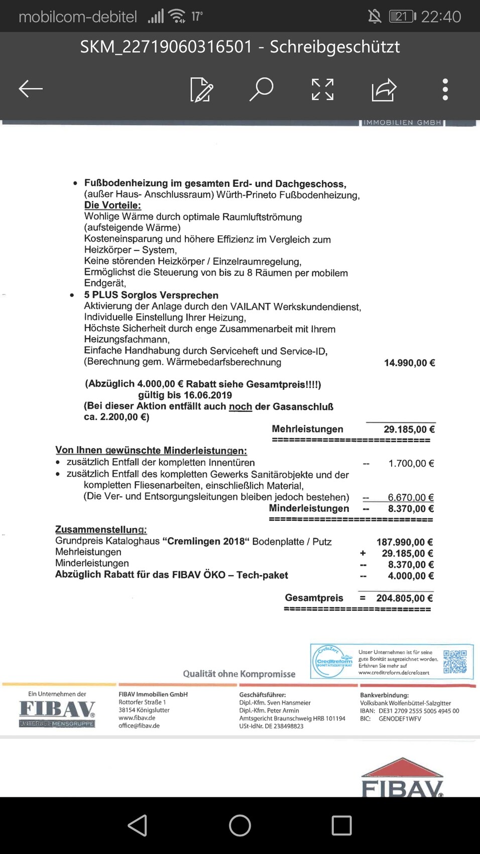 Preisblatt zur Fußbodenheizung im Erd- und Dachgeschoss mit Rabatten und Gesamtsumme, FIBAV.