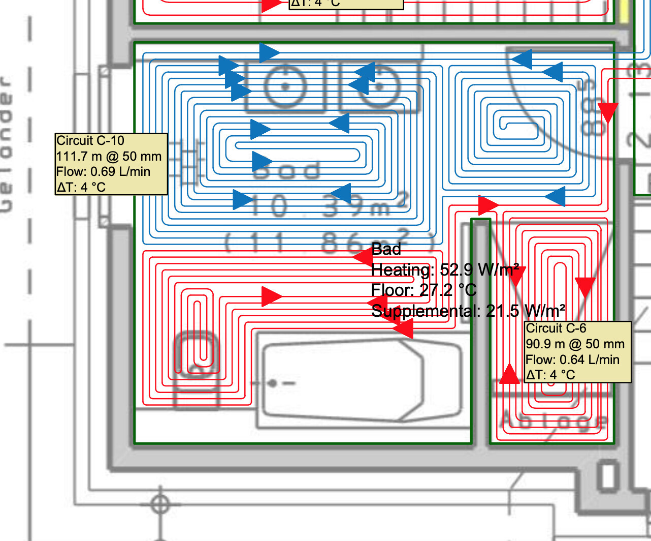 Grundrissplan mit Fussbodenheizung Schlaufen in Blau und Rot