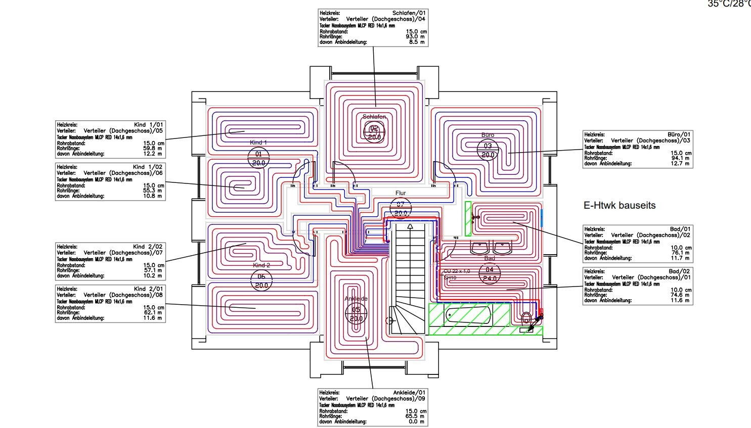 Grundrissplan einer Fußbodenheizung: spiralförmige Heizkreise in Rot/Blau im Gebäudeinneren.