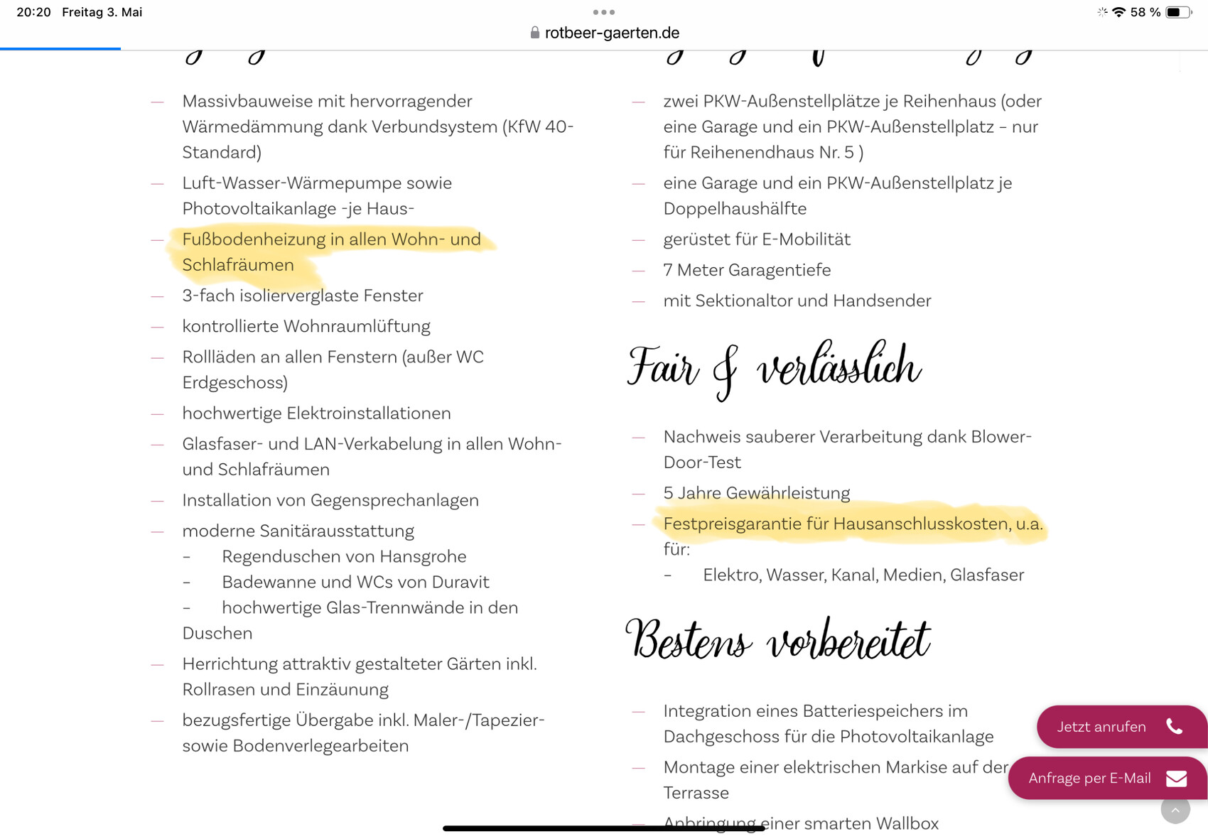 Liste von Haustechnik-Features mit Fußbodenheizung in Wohn- und Schlafräumen