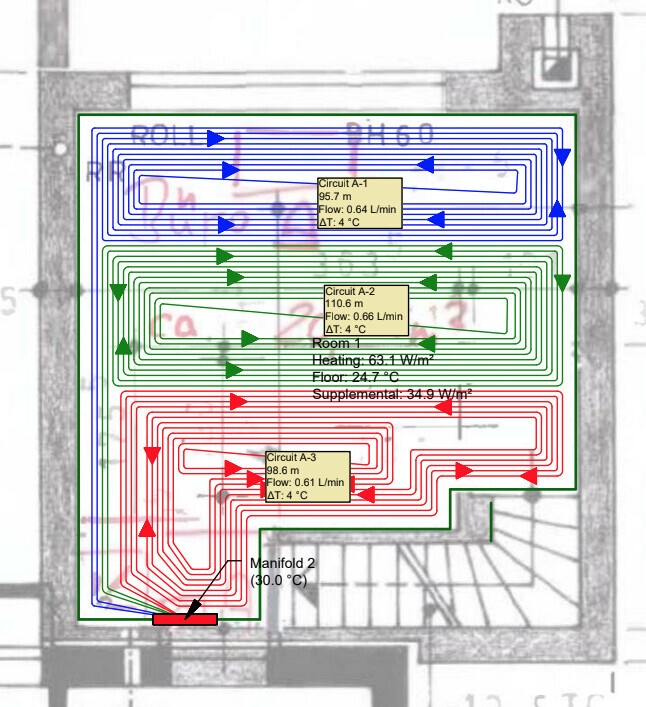 Schema eines Fußbodenheizungssystems mit drei Kreisläufen (A-1 bis A-3) und Temperaturangaben.