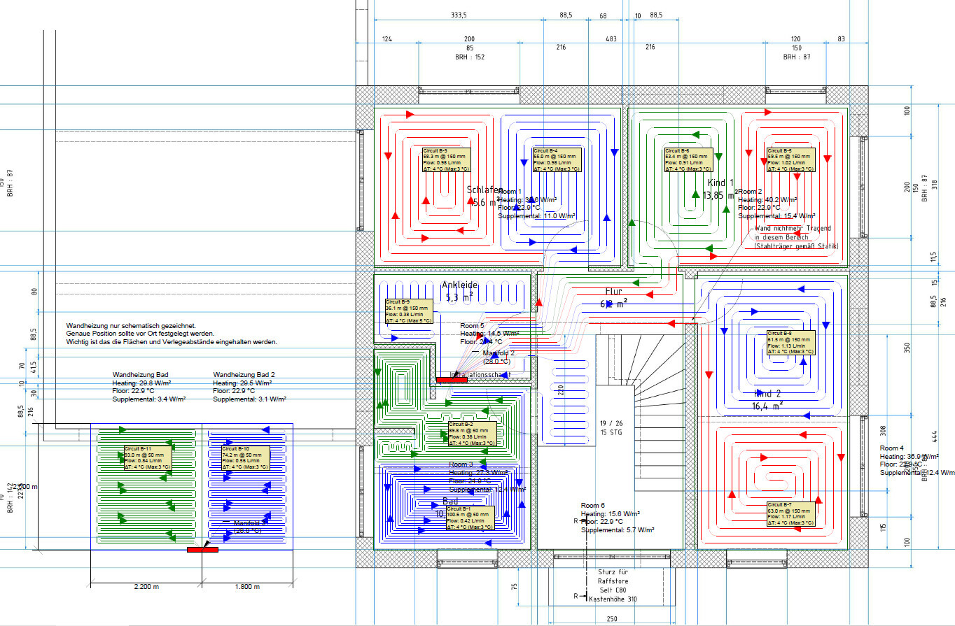 Grundrissplan mit farbigen Heizkreisläufen (rot/ blau/ grün) in Räumen und Maßen