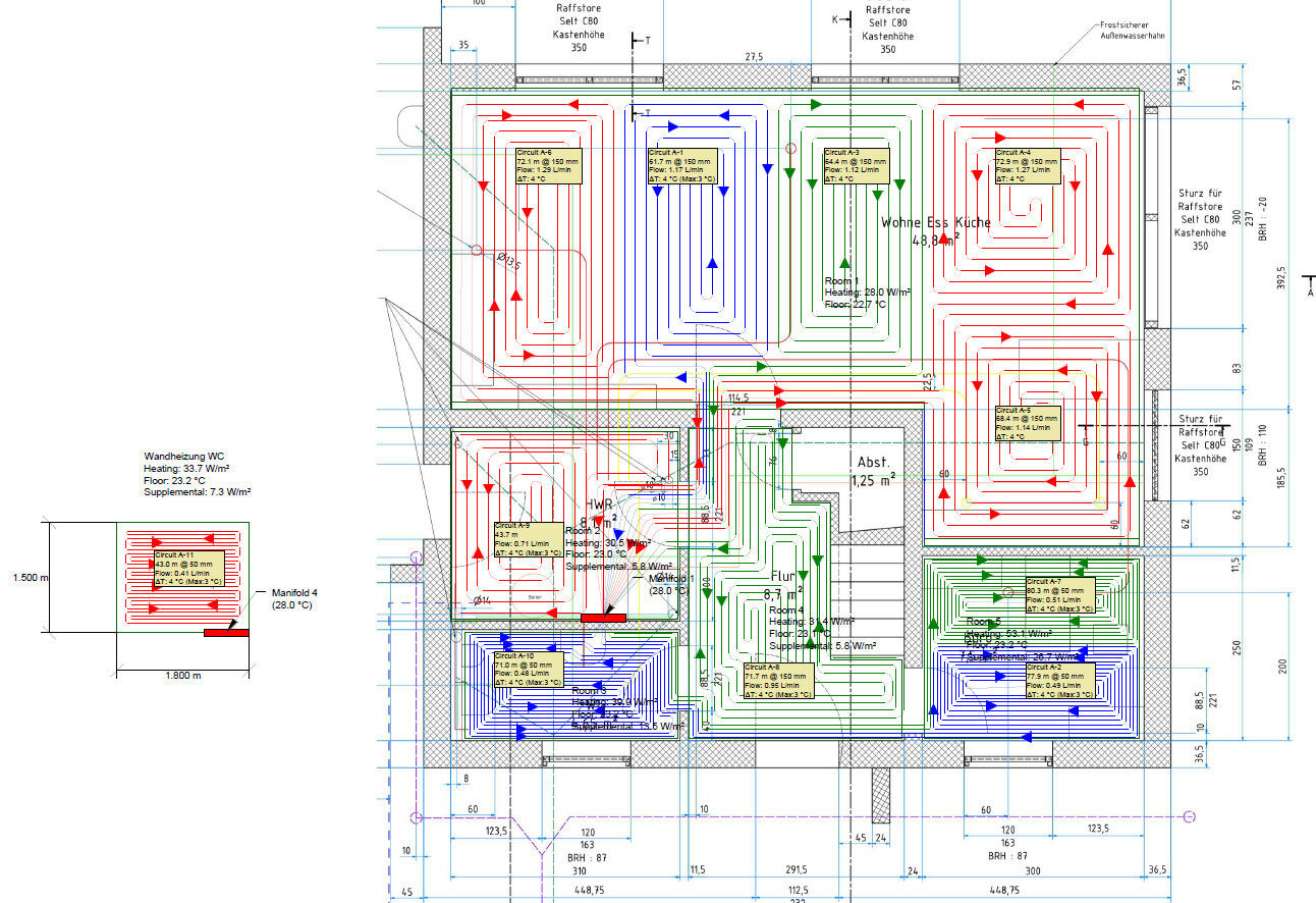 Technischer Grundriss: Heiz- und Kühlkreisläufe in Farbcodierung über Gebäudeplan.