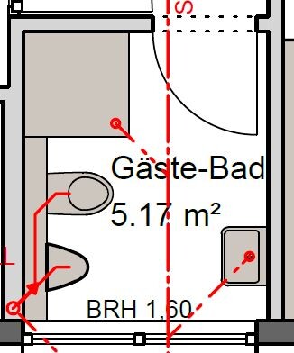 2D Grundriss eines Gäste-Bads mit Waschbecken, Toilette und Dusche