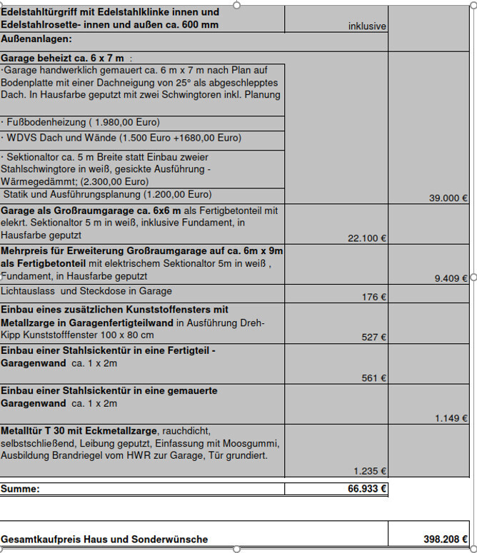 Angebotsliste: Beheizte Garage, Preispositionen und Gesamtsumme.