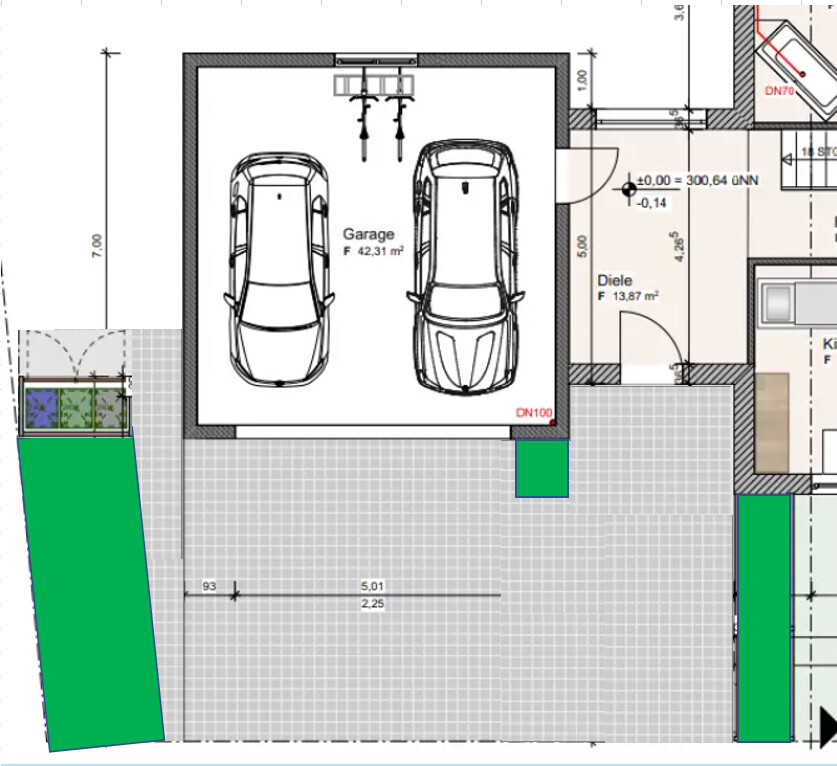 Grundriss: Garage mit zwei Autos, angrenzende Diele und Außenbereich.