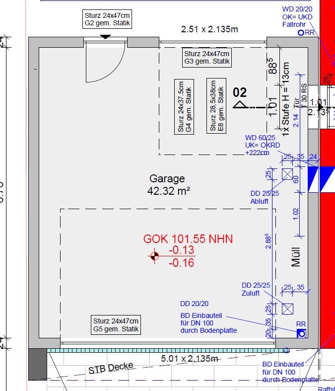 Grundrissgarage mit 42,32 m2 Fläche, Sturz- und Bauteilangaben