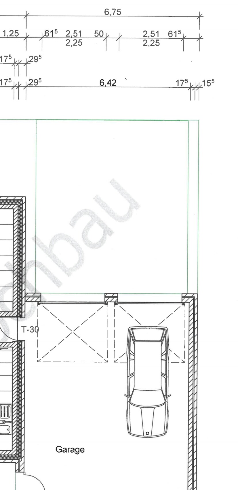 Grundriss eines Hauses: Garage mit geparktem Auto im Innenraum.