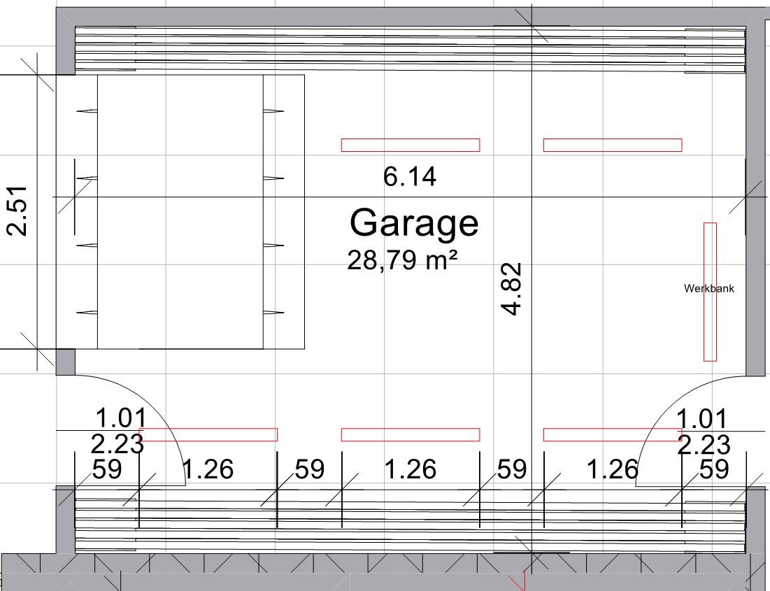 Grundriss einer Garage: Fläche 28,79 m², Maße 6,14 × 4,82 m, Werkbank rechts, Türen unten.