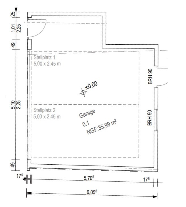 Grundriss einer Garage mit zwei Stellplätzen (je 5,00 x 2,45 m); Gesamtfläche ca. 35,99 m²