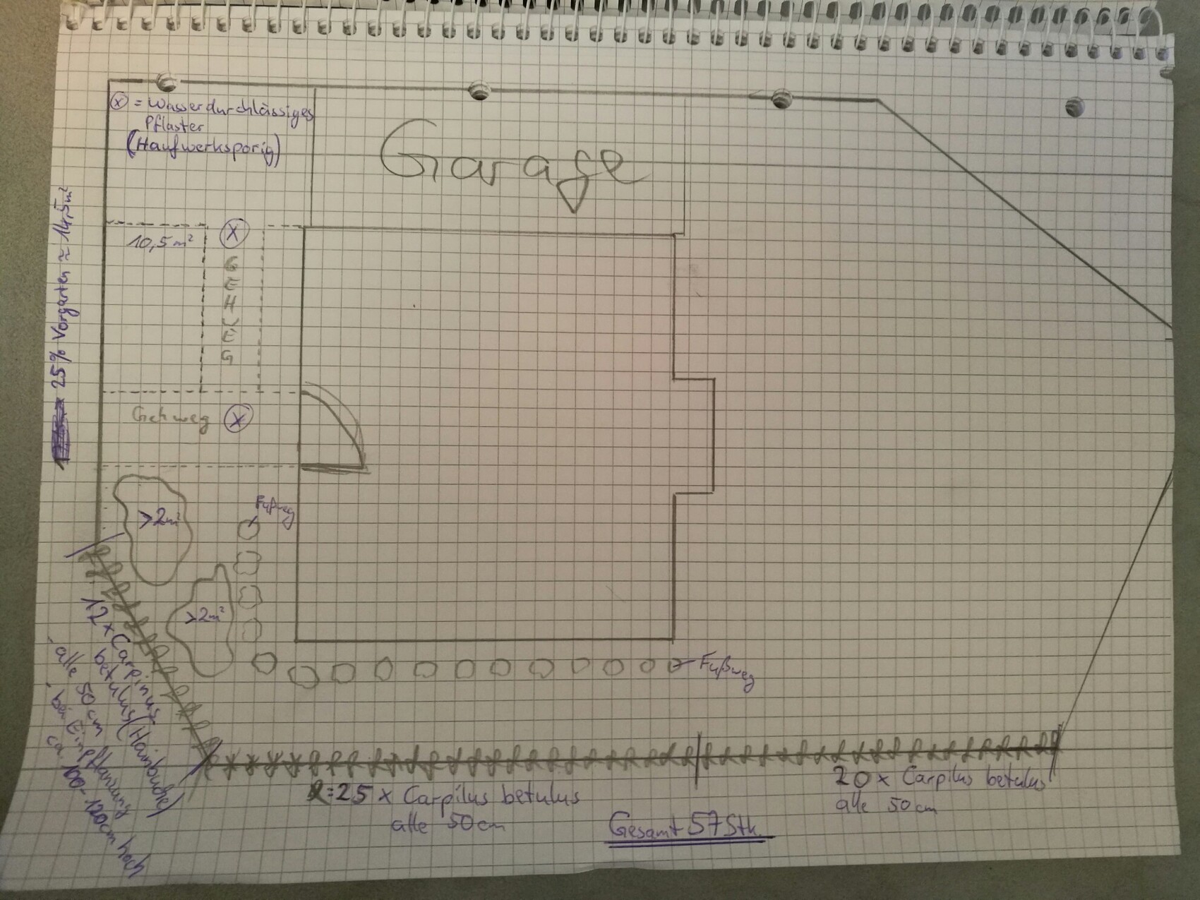 Graphit-Skizze eines Garagen-Grundrisses mit Hausumriss auf Graphpapier[/ ALT]