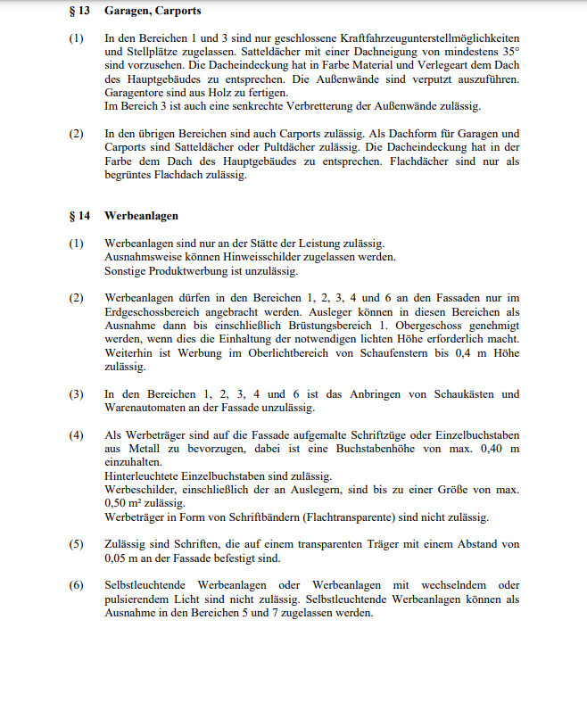 Seite mit Rechtsvorschriften zu Garagen, Carports und Werbeanlagen (Abschnitte §13–§14).