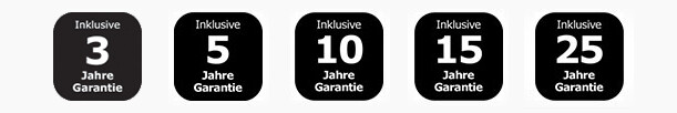 Garantieabzeichenreihe mit 3, 5, 10, 15 und 25 Jahren Garantie
