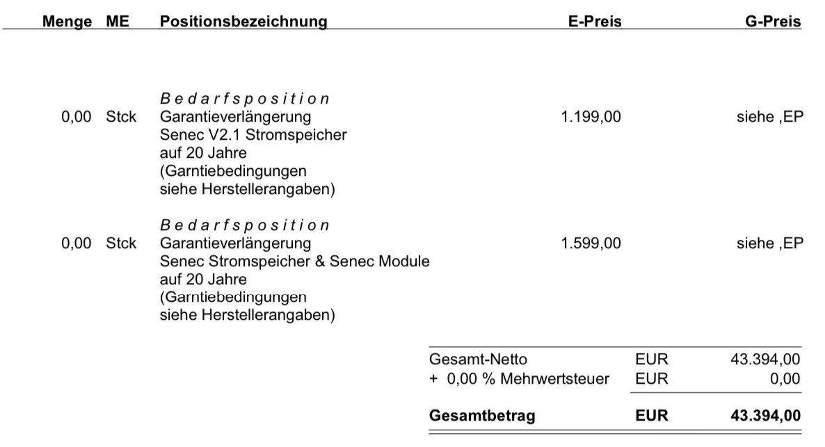 Rechnung: zwei Garantieverlängerungen für Senec Speicher/Module; Preise und Gesamtbetrag.