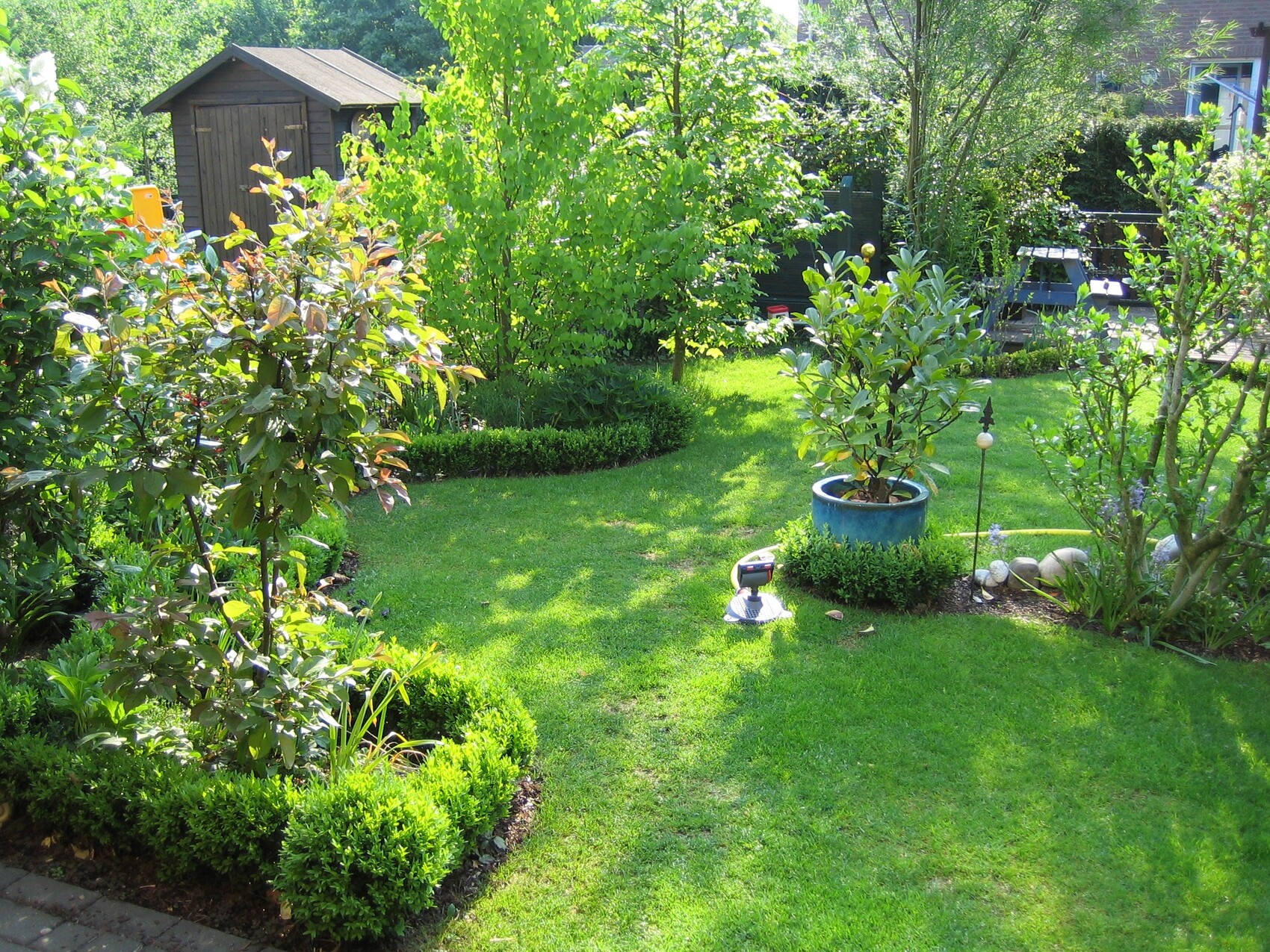 Garten mit grünem Rasen, Sträuchern, Bäumen und kleinem Gartenhaus im Hintergrund.