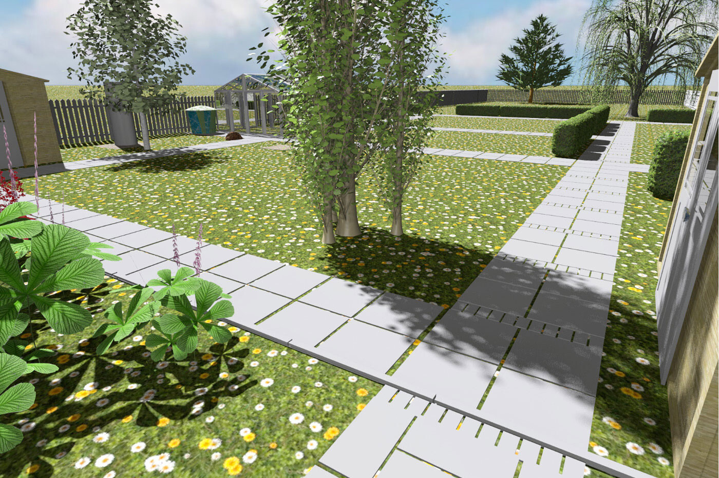 Garten mit weißen Pflasterplattenwegen, grasbedecktem Rasen, Gänseblümchen, Bäumen und Hecken.