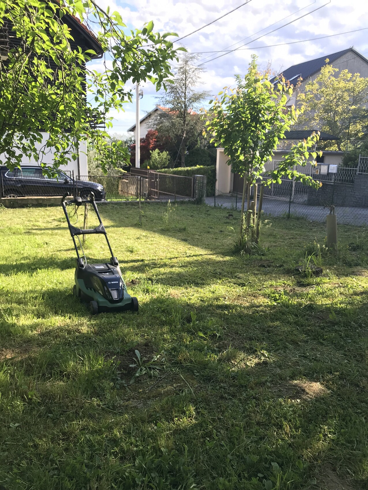 Grüner Garten mit Rasenmäher, Bäumen, Zaun und Nachbarhäusern im Hintergrund.