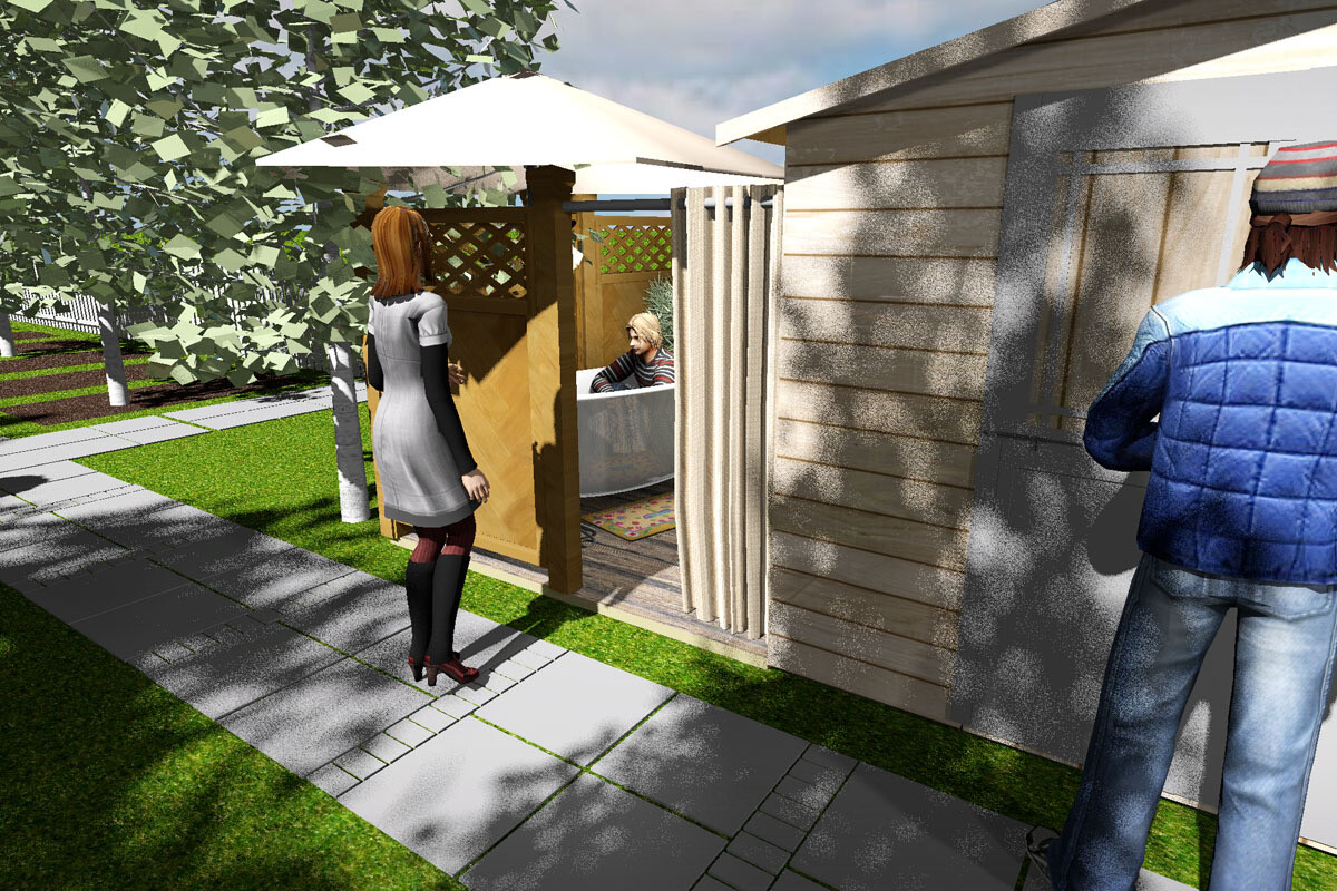 Garten mit Holzhütte; draußen Frau, drinnen Person am Tisch, Mann mit blauer Jacke geht vorbei.