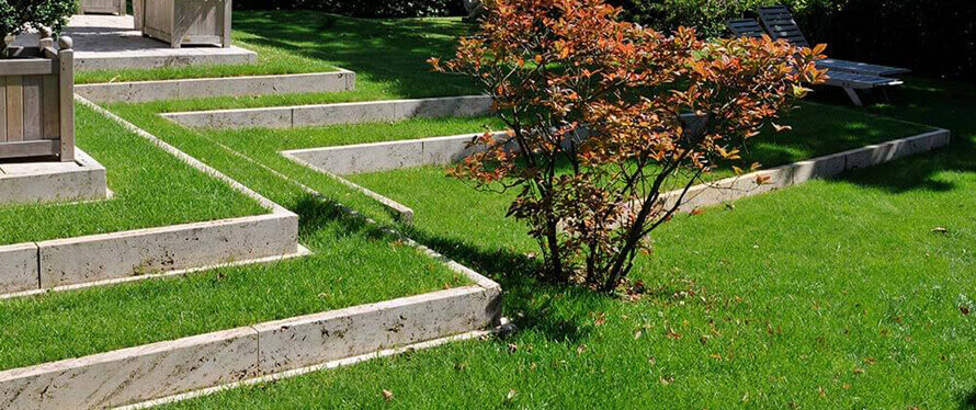 Betonstufen terrassieren grüne Rasenfläche; mittig ein Baum mit Herbstlaub, rechts Holzbank.