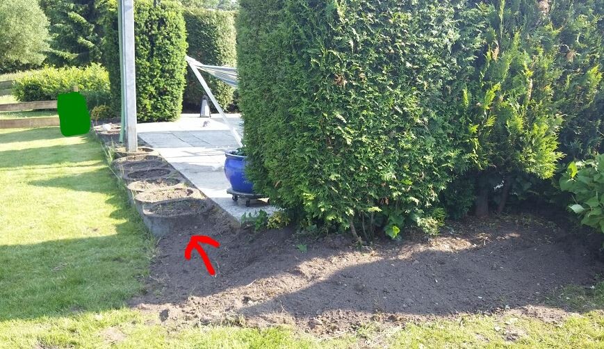 Außenbereich mit Terrasse, Hecken, Rasen und Erdarbeiten am Gartenrand