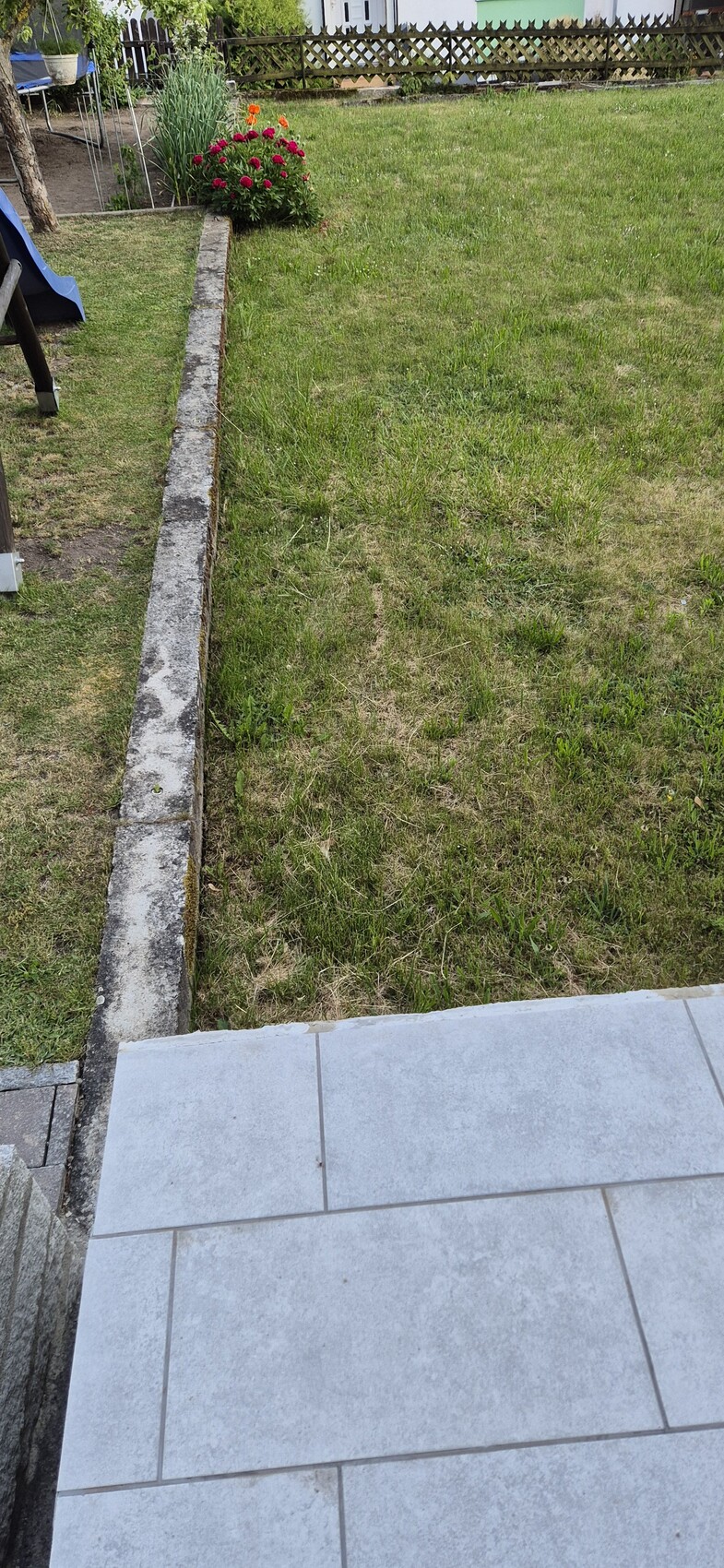Garten mit grünem Rasen, Steinmauer am linken Rand und rotes Blumenbeet nahe der Terrasse