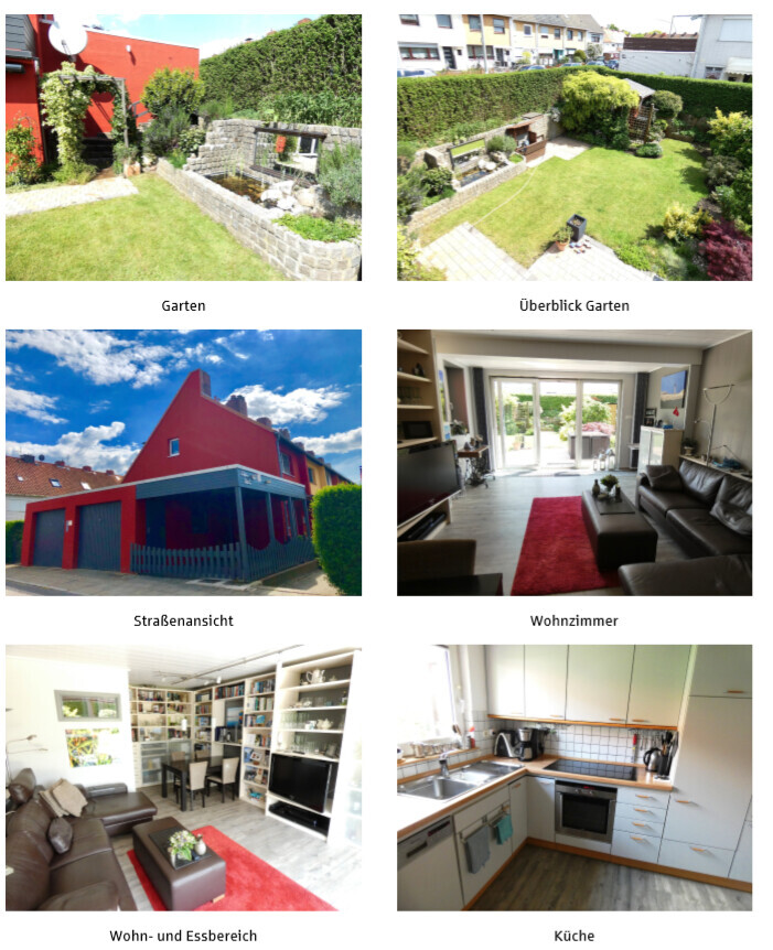 Sechsteiliges Bild zeigt Garten, Außenküche, Straßenansicht, Wohnzimmer, Wohn- und Essbereich, Küche