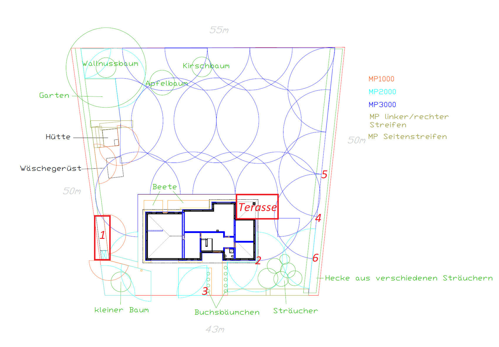 Landschaftsplan: Haus mit Terrasse, Beete, Hütte, Büsche, Hecke und Obstbäume