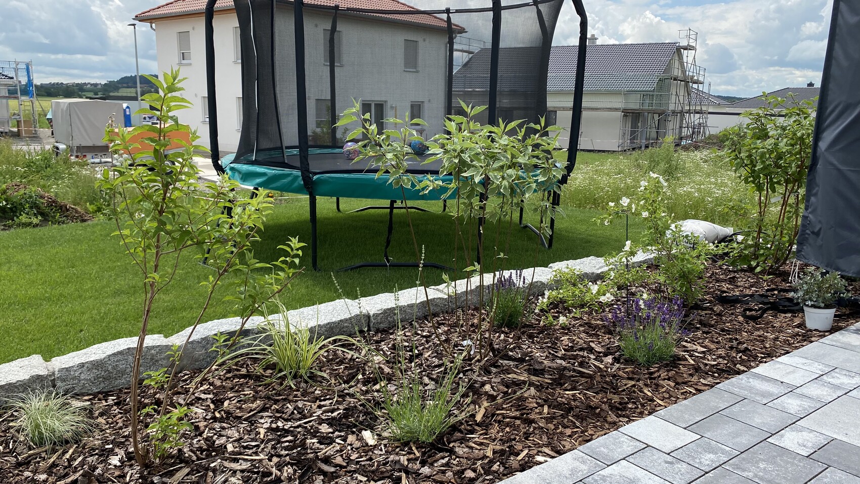 Garten mit Trampolin im Netz, Beete mit Sträuchern und Lavendel, Baugerüste im Hintergrund.