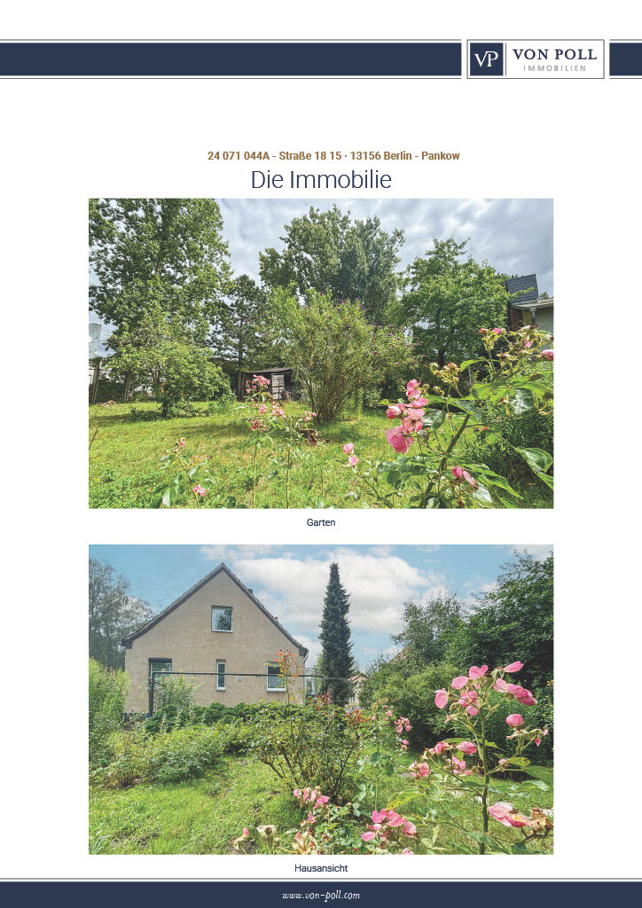 Garten mit Rosen und Bäumen; Hausansicht im Hintergrund