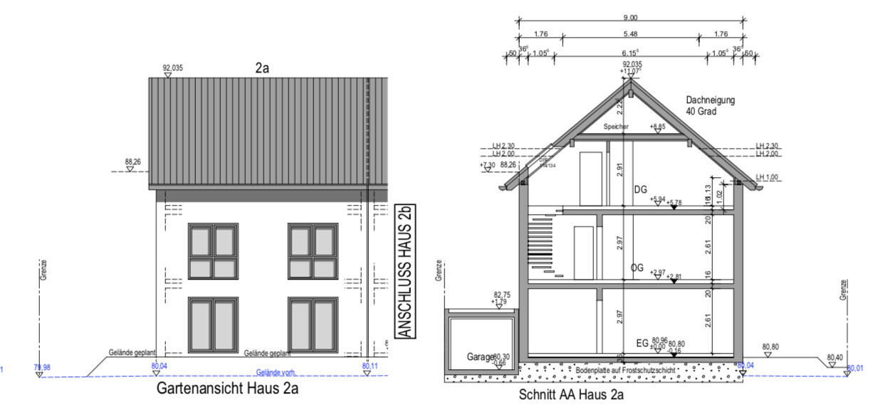 Architekturzeichnung: Gartenansicht und Hausschnitt des Hauses 2a mit Dach und Garage.