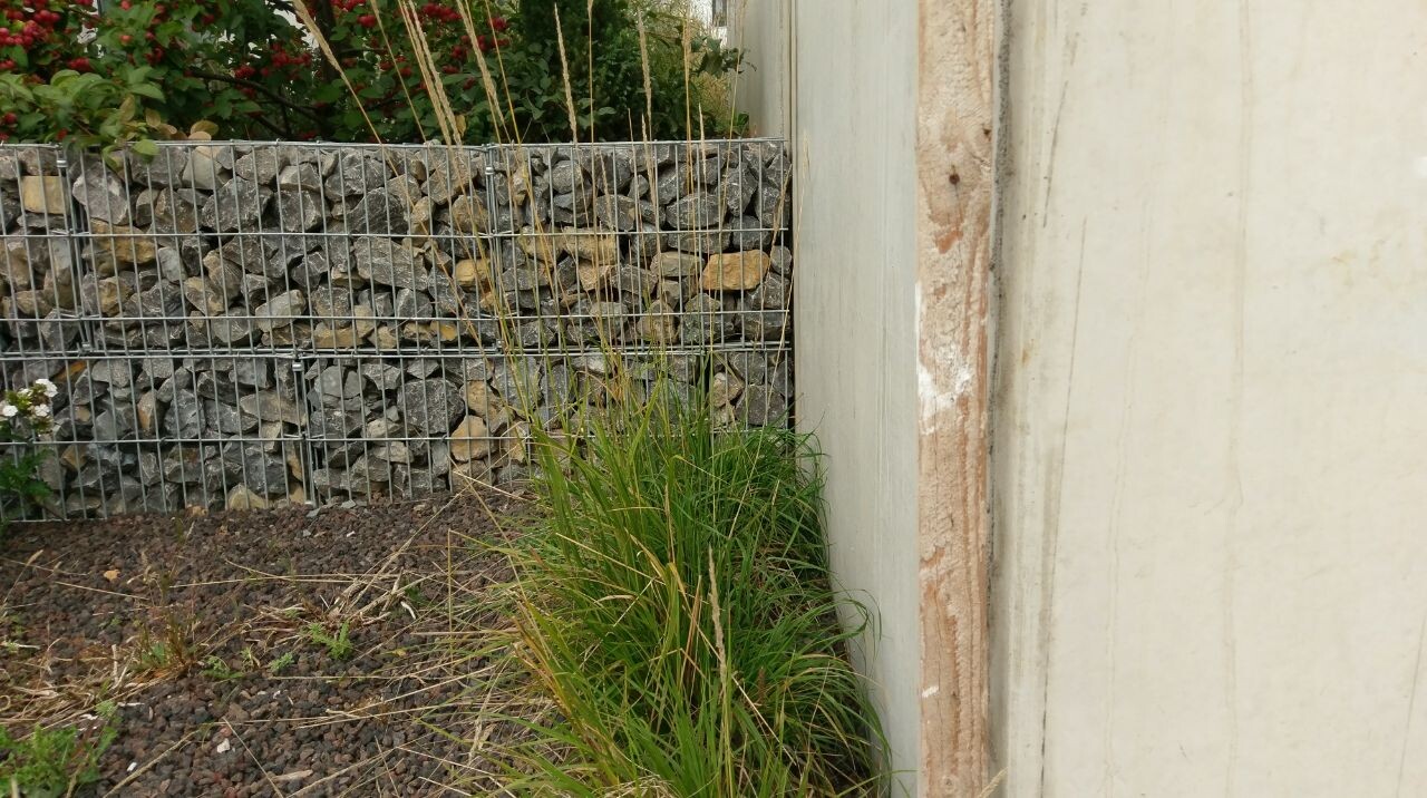 Gartenbereich mit Steinmauer-Gabionen, Kiesboden und grasigem Randstreifen neben Betonwand