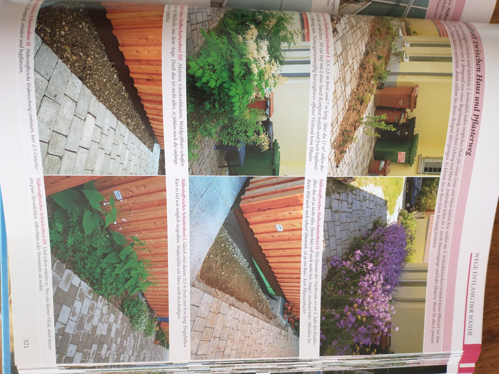 Sechs Bilder eines Gartenwegs mit Pflastersteinen, Holzzäunen, Pflanzen und blühenden Blumen.